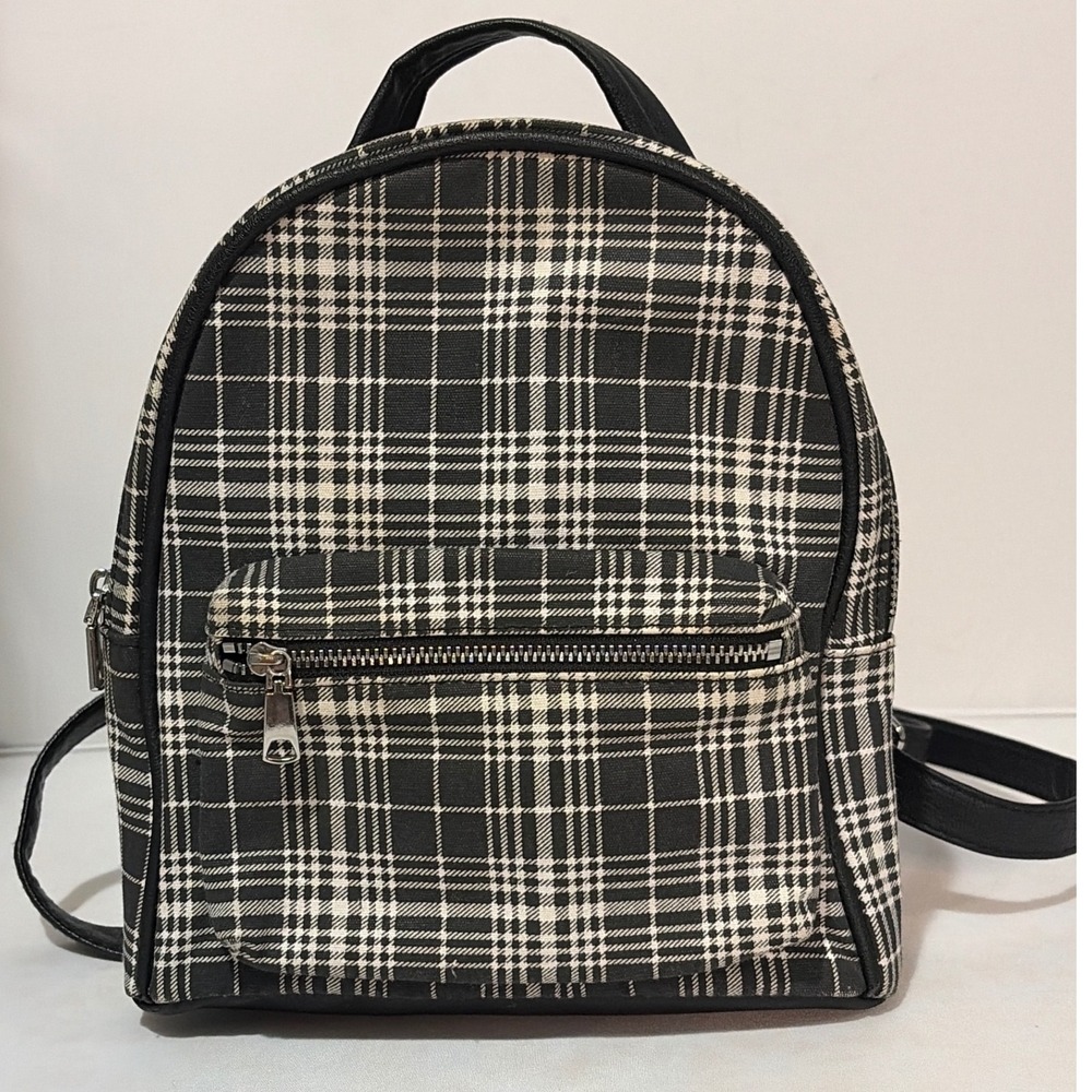 H&M Divided Mini Backpack Black White Plaid Faux Leather Small Travel Bag